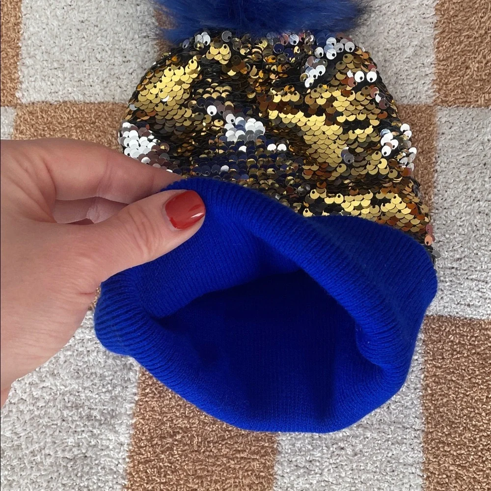 Gold Sequin Flippable Girls Beanie with Blue Pom-Pom